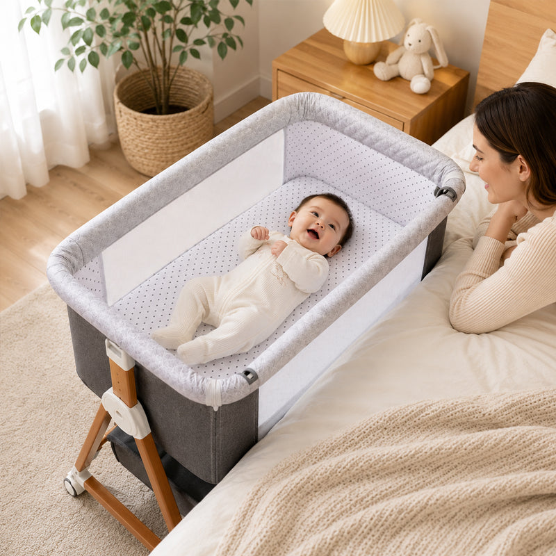 Baby Bassinet, 3 in 1 Bedside Bassinets for Baby, Bassinet Bedside Sleeper with Wheels, Adjustable Height with Rocking Mode, Breathable Mesh, Storage Basket, Easy Assemble & Folding