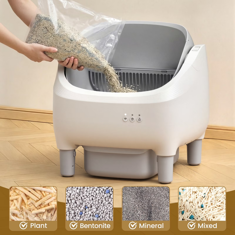 Self Cleaning Litter Box, 95 L Automatic Cat Litter Box Self Cleaning for Multiple Cats, with Safety Protection, App Control,1 Roll Garbage Bags,White & Grey