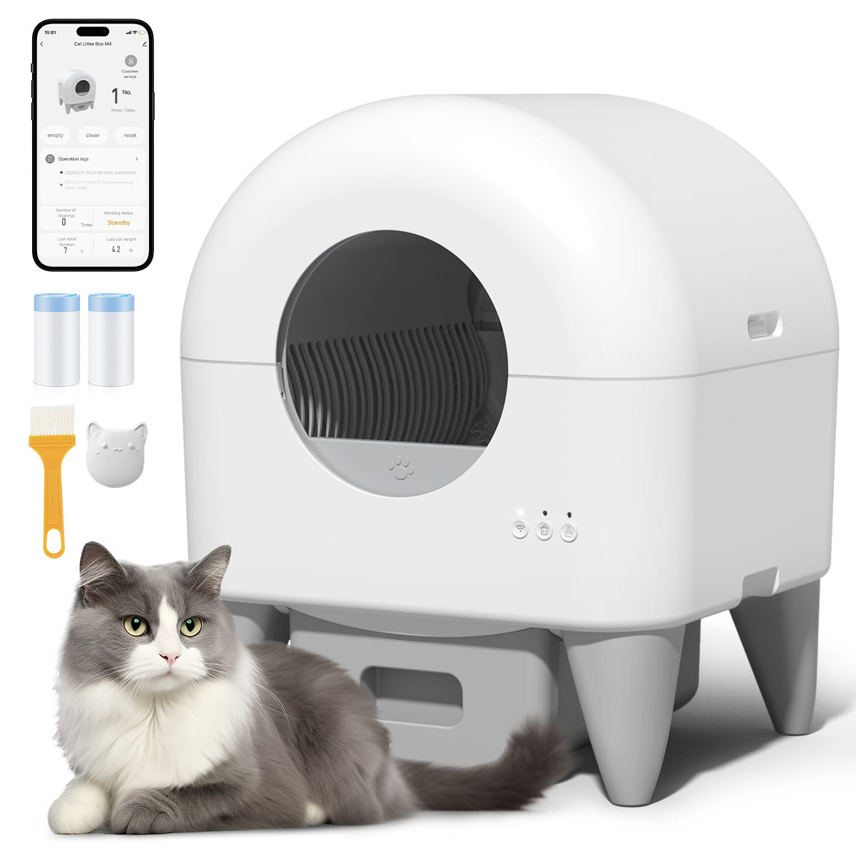 Self Cleaning Litter Box,95L Automatic Cat Litter Box Self Cleaning Large Capacity for Multiple Cats, App-Controlled with Safety Sensors, Removable Washable Liner,2 Rolls Garbage Bags,Grey