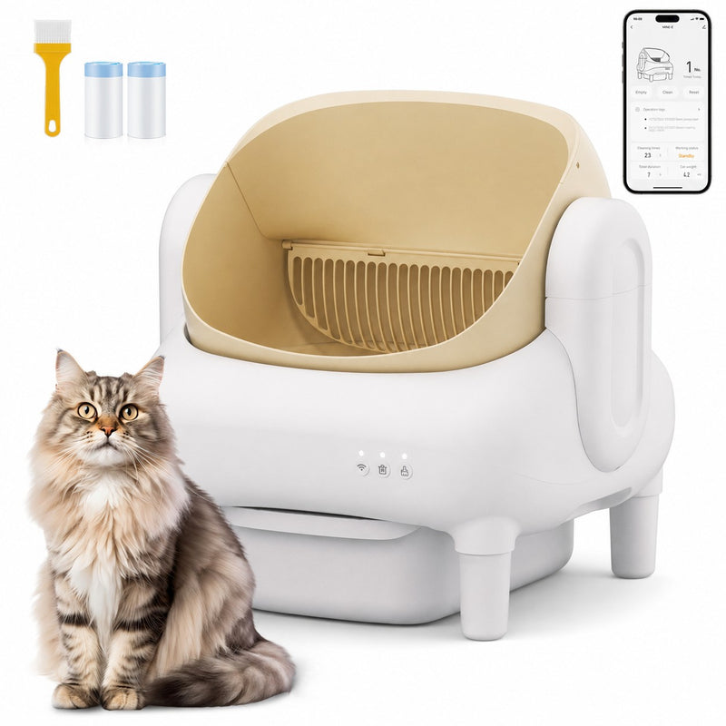 Cumrige E Self Cleaning Litter Box,Large Capacity Automatic Cat Litter Box Self Cleaning for Multiple Cats with App Control and Safety Protection,2 Roll Litter Bags,White