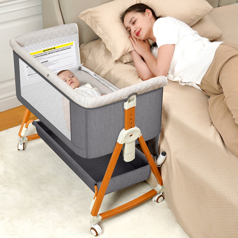 Baby Bassinet Bedside Sleeper, 6 Heights, Cradle Mode, Wheels, Foldable Crib with Mattress