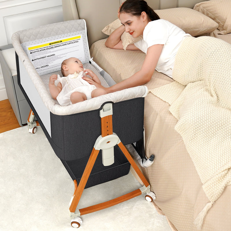 Baby Bassinet Bedside Sleeper, 6 Heights, Cradle Mode, Wheels, Foldable Crib with Mattress