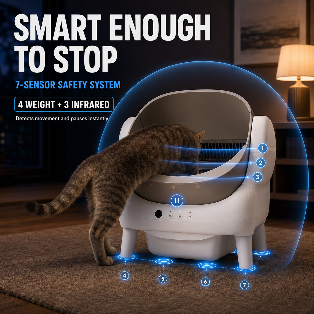 Open Top Self Cleaning Cat Litter Box with App Control, Safety Sensors and Odor Control