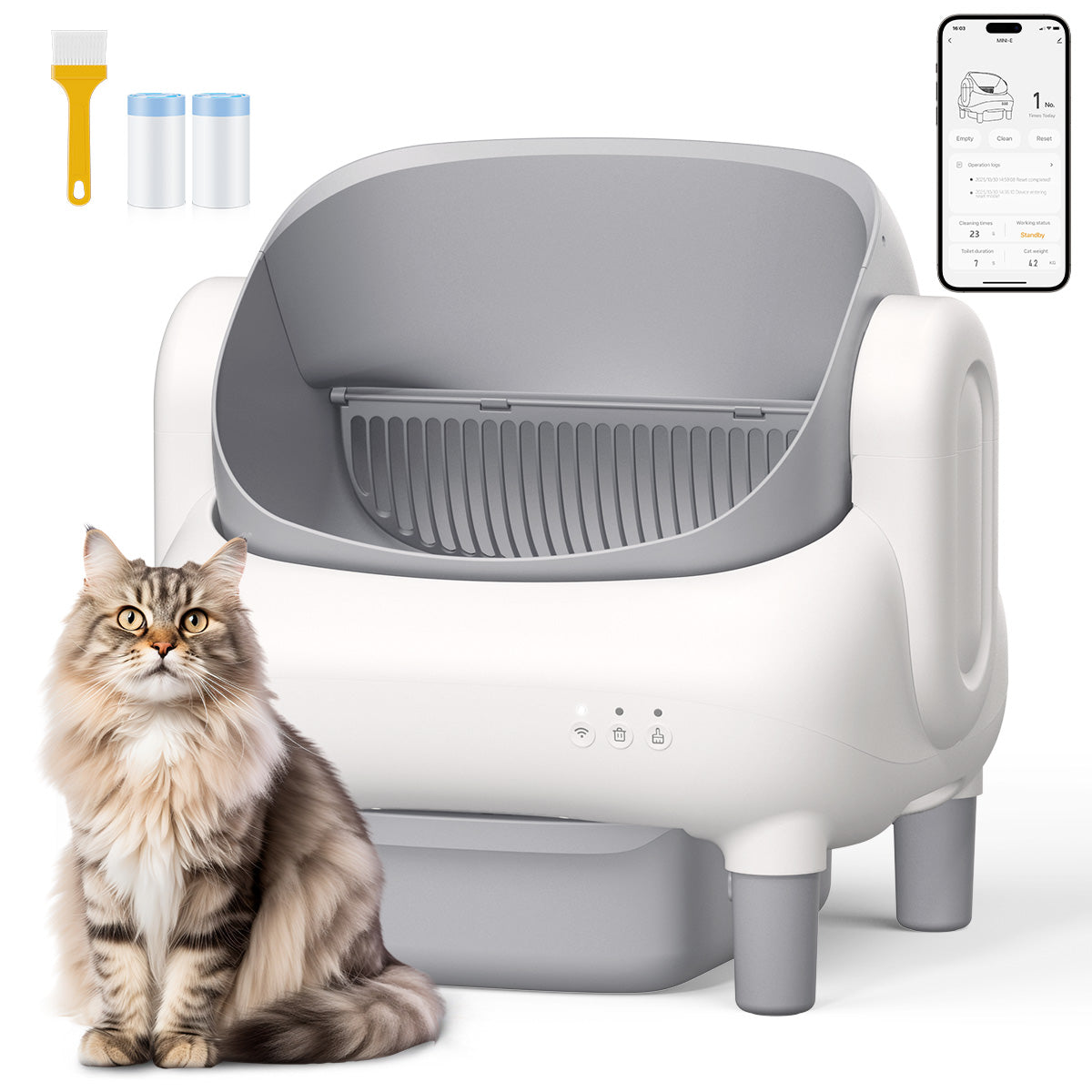 Automatic Litter Box,Open Top Self Cleaning Litter Box with App Control for Multiple Cats, Safety Sensors Protection, Odor Control Includes 2 roll Liners,Large Waste Bin, Cream White