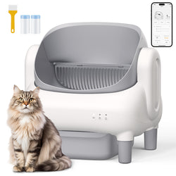 Automatic Litter Box,Open Top Self Cleaning Litter Box with App Control for Multiple Cats, Safety Sensors Protection, Odor Control Includes 2 roll Liners,Large Waste Bin, Cream White