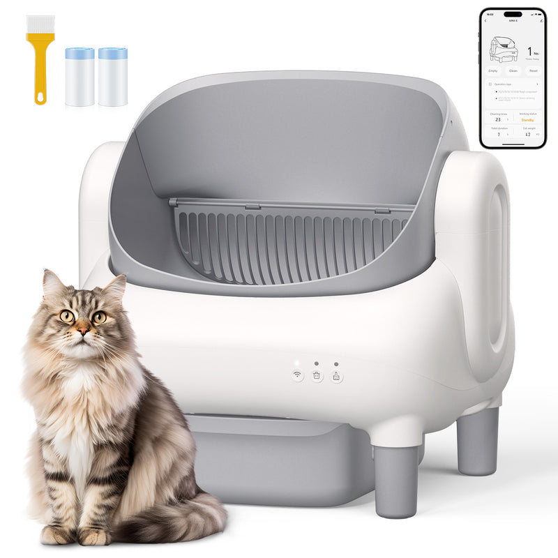 Automatic Litter Box,Open Top Self Cleaning Litter Box with App Control for Multiple Cats, Safety Sensors Protection, Odor Control Includes 2 roll Liners,Large Waste Bin, Cream White