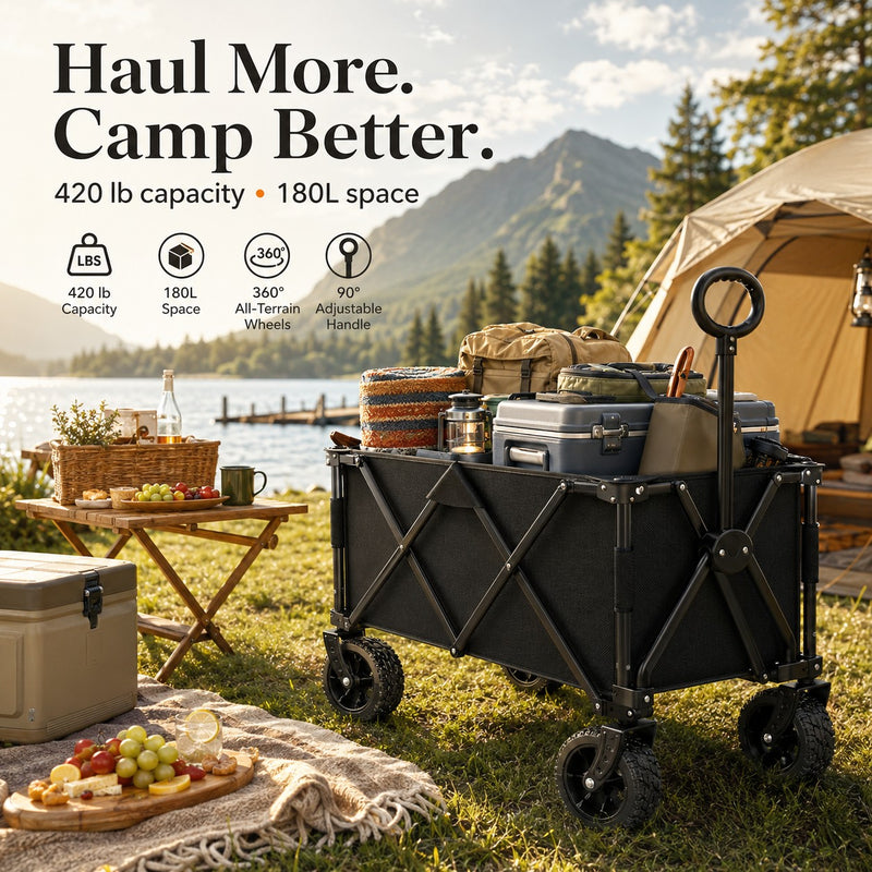 Heavy Duty Wagons Carts Foldable, Collapsible Wagon with Big Wheels for Sand & Cup Holders for Camping Garden Sports Grocery
