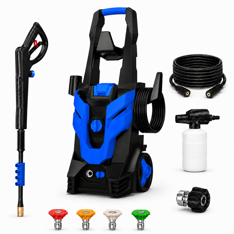 Portable Electric Pressure Washer with 4 Quick-Connect Nozzles, Foam Cannon, Hose & Wheels
