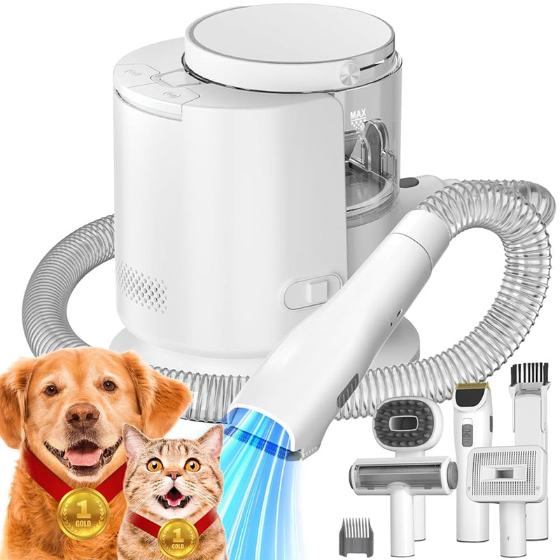 Pet Grooming Vacuum Kit with Grooming Brush, Deshedding Tool, Electric Clipper, Cleaning Brush and Flexible Hose for Dogs and Cats