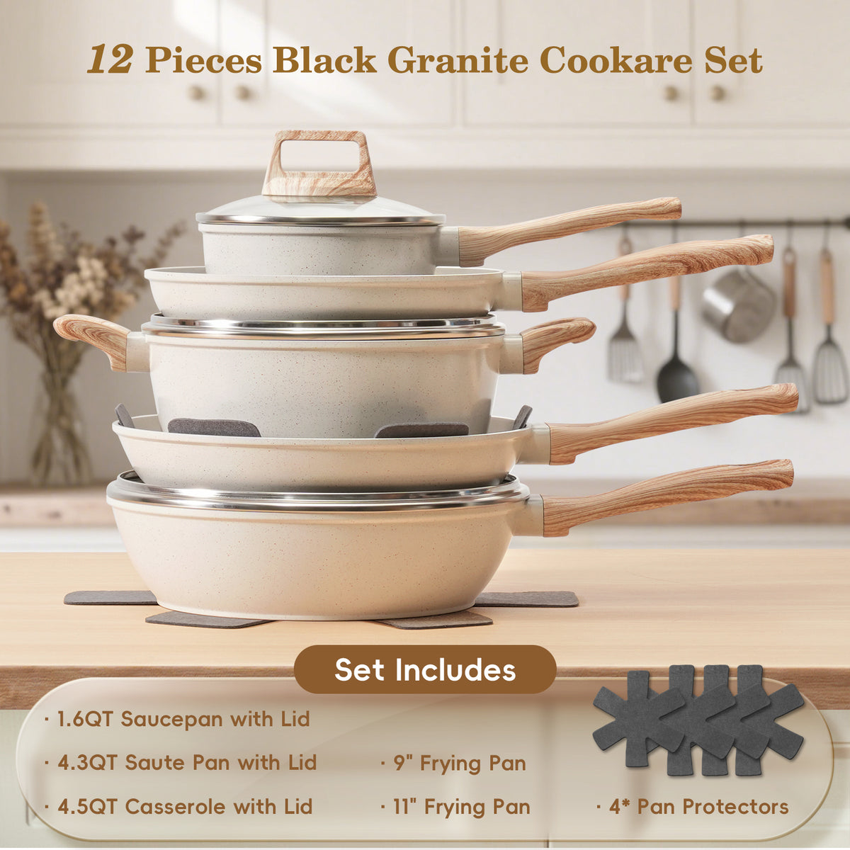 12 Pcs Pots and Pans Set, Nonstick Cookware Sets White Granite Induction Cookware, Non-toxic Healthy Non Stick Kitchen Cooking Set with Frying Pans Set, Saucepans,Steamer