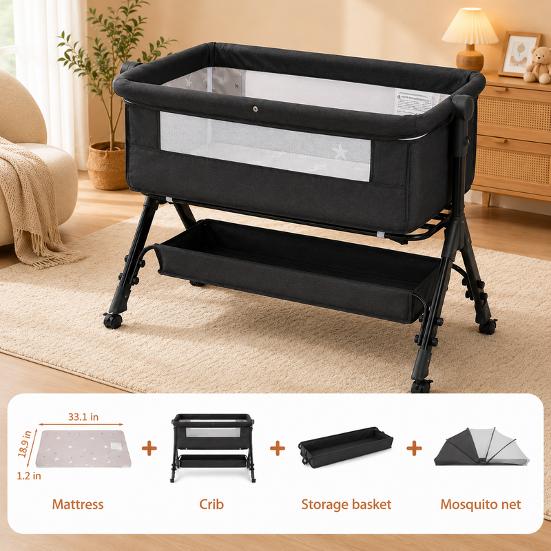 Baby Bassinet Sleeper, Adjustable Baby Crib for Baby, Rocking Bassinets Bedside Sleeper, Easy to Fold Portable Crib Side Bassinet with Breathable Mesh and Wheels