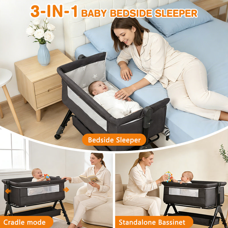 Baby Bassinet Sleeper, Adjustable Baby Crib for Baby, Rocking Bassinets Bedside Sleeper, Easy to Fold Portable Crib Side Bassinet with Breathable Mesh and Wheels