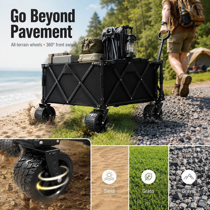 Heavy Duty Wagons Carts Foldable, Collapsible Wagon with Big Wheels for Sand & Cup Holders for Camping Garden Sports Grocery
