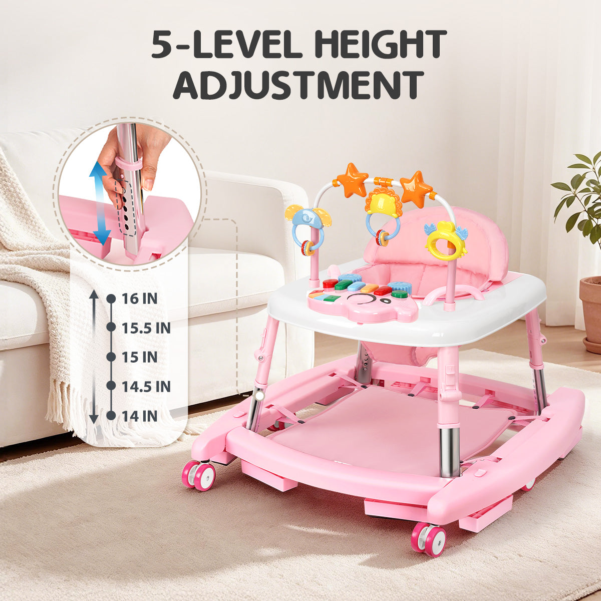5-in-1 Music and Lights Baby Walker Foldable with 5 Adjustable Heights, Baby Walker with Wheels and Bouncer Combo Portable, Infant Toddler Walker for Baby Boy Girls 6-18 Months