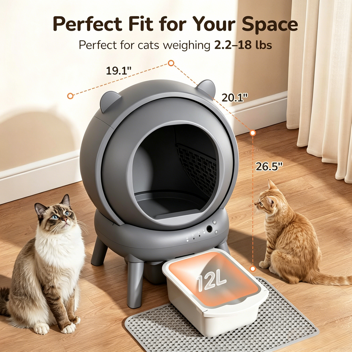 Automatic Litter Box for Multiple Cats, Large Capacity Self Cleaning Litter Box with App Control, Odor & Noise Control, Dual Safety Sensors, Easy Maintenance with 2 Roll Garbage Bags, Gray