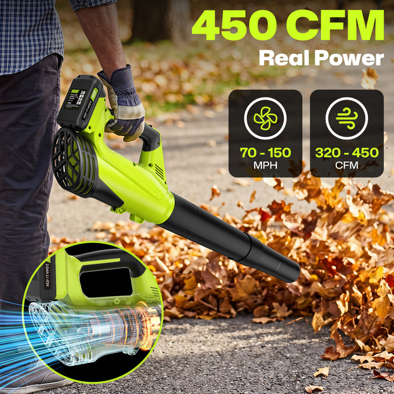 Cordless Leaf Blower, 20V Leaf Blower with 2 x 2.0Ah Batteries & Charger, Up to 450CFM/150MPH, 2 Variable Speed, Lightweight for Blowing Leaves, Patio Cleaning, Lawn Care and Dust (Green)