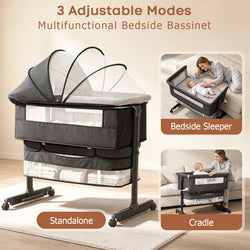 Baby Bassinet Sleeper, 6 Height Adjustable Cribs, Easy to Fold Portable Crib Side Bassinet, Swing Cradle Bed Side Sleeper with Ventilated NetWith Wheels