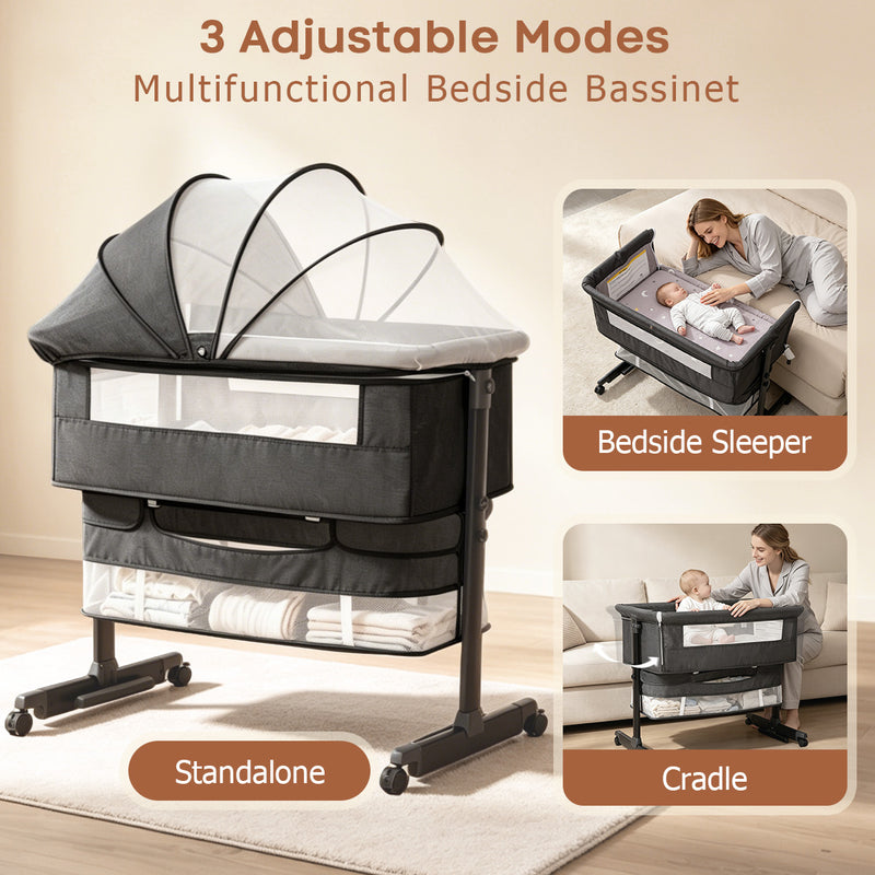 Baby Bassinet Sleeper, 6 Height Adjustable Cribs, Easy to Fold Portable Crib Side Bassinet, Swing Cradle Bed Side Sleeper with Ventilated NetWith Wheels