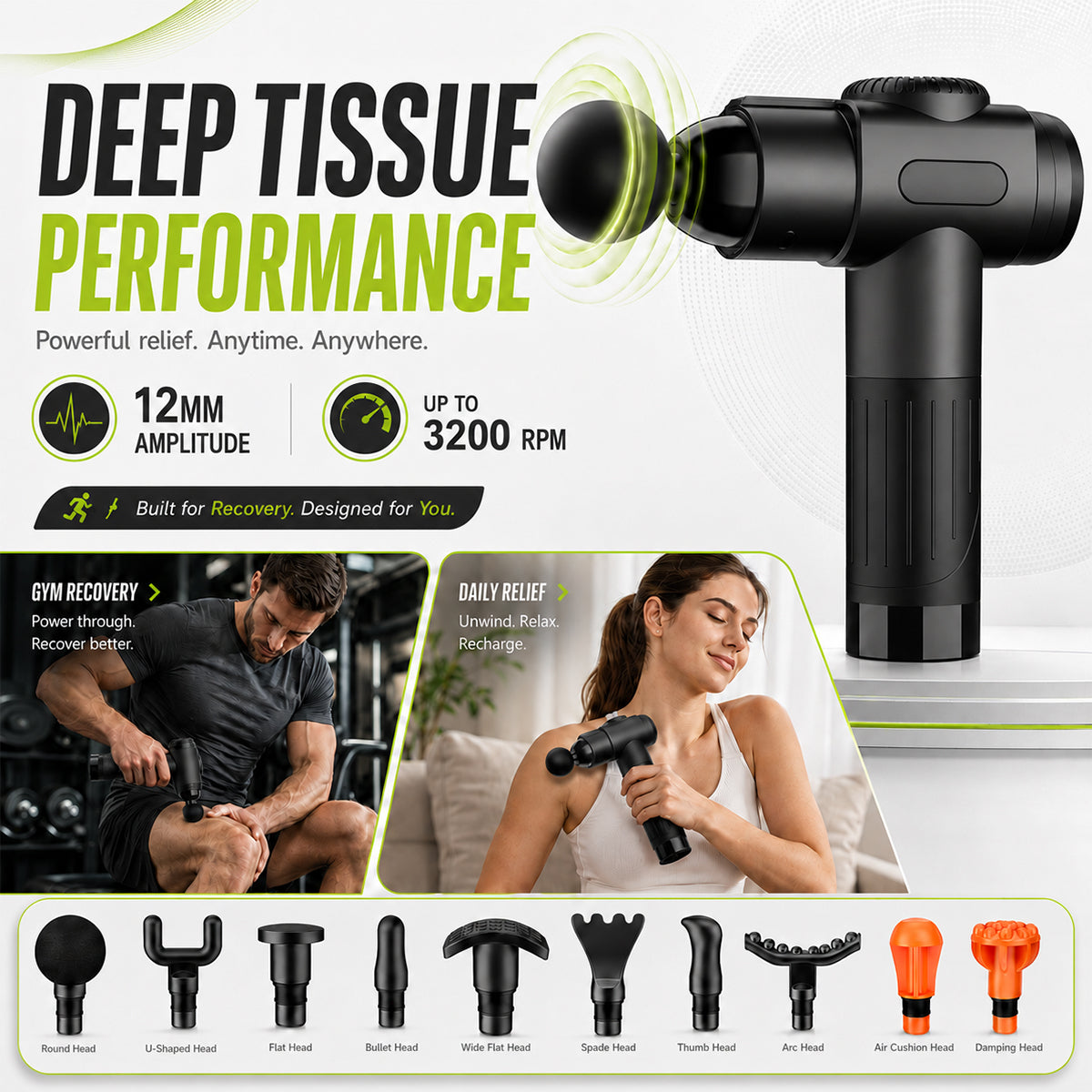 Deep Tissue Massage Gun with 10 Massage Heads, Cordless Percussion Massager for Back, Neck, Shoulders, Legs & Muscle Recovery, Black
