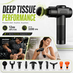 Deep Tissue Massage Gun with 10 Massage Heads, Cordless Percussion Massager for Back, Neck, Shoulders, Legs & Muscle Recovery, Black
