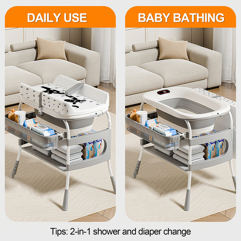 2-in-1 Baby Changing Table & Bath Tub Foldable with Storage Wheels Smart Temp Display Safety Belt Multifunctional Newborn Changing Table