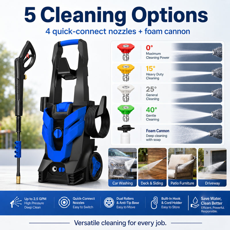 Portable Electric Pressure Washer with 4 Quick-Connect Nozzles, Foam Cannon, Hose & Wheels