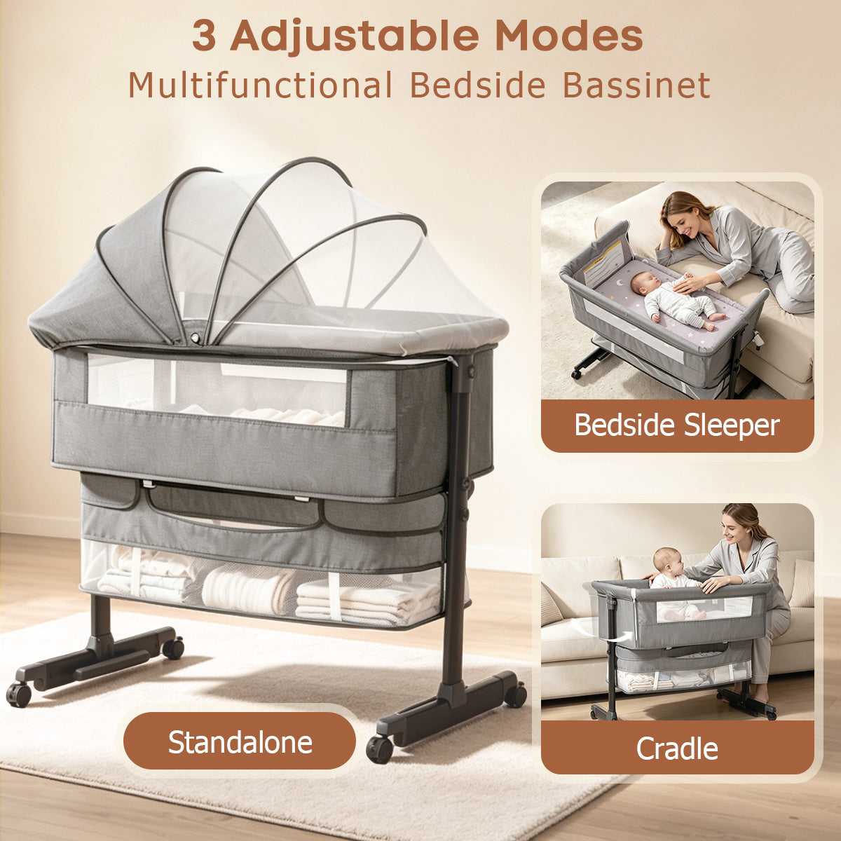 Kmaier Baby Bassinet 3 in 1 Foldable Portable Crib,6 Adjustable Height,with Wheels,Baby Bassinet Rocking-Dark Grey