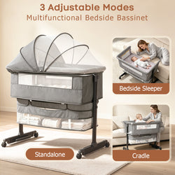 Kmaier Baby Bassinet 3 in 1 Foldable Portable Crib,6 Adjustable Height,with Wheels,Baby Bassinet Rocking-Dark Grey