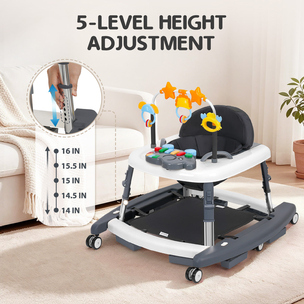 baby walker5 in 1 Baby Walker with Wheels Seat Activity Toys Adjustable Foldable Walker Bouncer