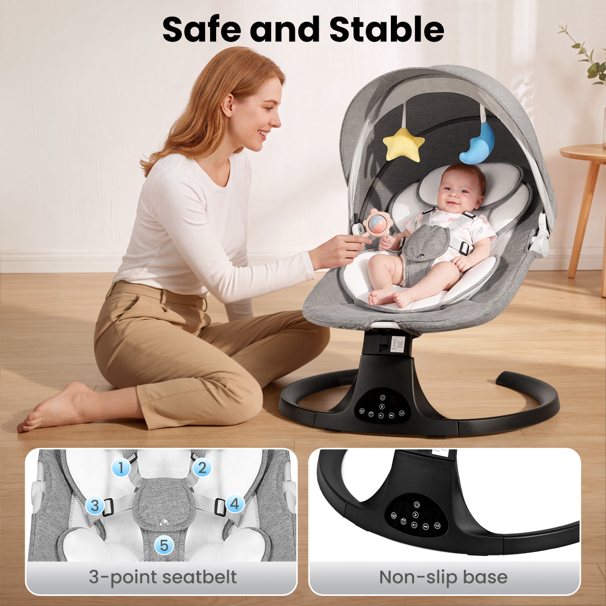 Baby Electric Bassinet, Baby Rocker, 5 Speed And 10 Lullabies, Baby Bouncer,Adapter And Battery Powered, For Indoor And Outdoor Use, Remote Control