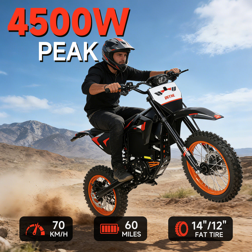 4500W 60V Electric Dirt Bike for Adults with 28.8Ah Battery, Full Suspension and 14"/12" Off-Road Tires