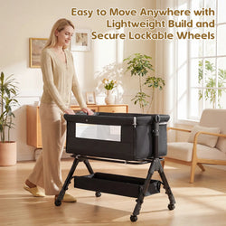 3 in 1 Baby Bassinet Bedside Sleeper with Wheels, Mosquito Net, Foldable Crib, Dark Grey