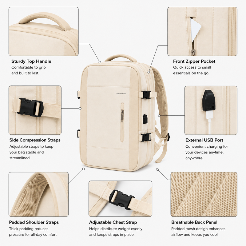 Large Capacity Expandable Carry-On Travel Backpack with USB Port and Luggage Sleeve