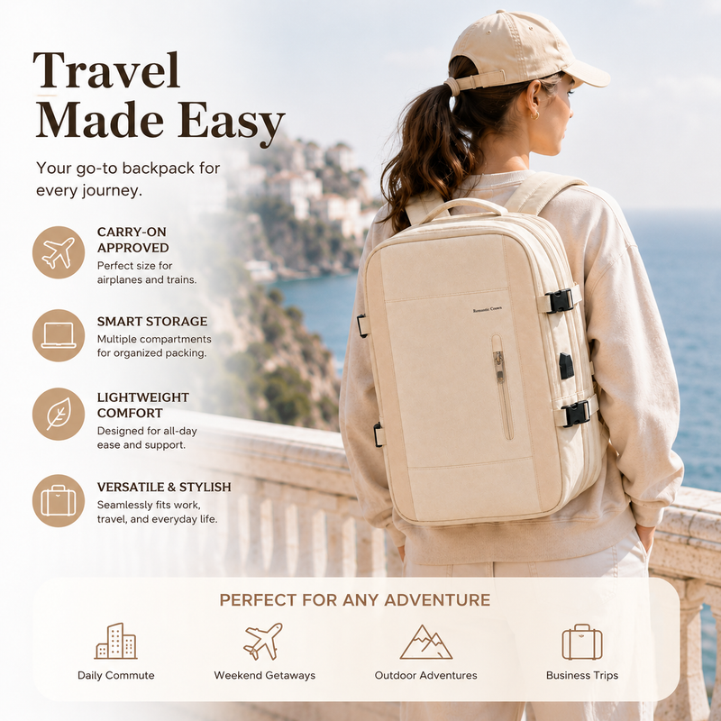 Large Capacity Expandable Carry-On Travel Backpack with USB Port and Luggage Sleeve
