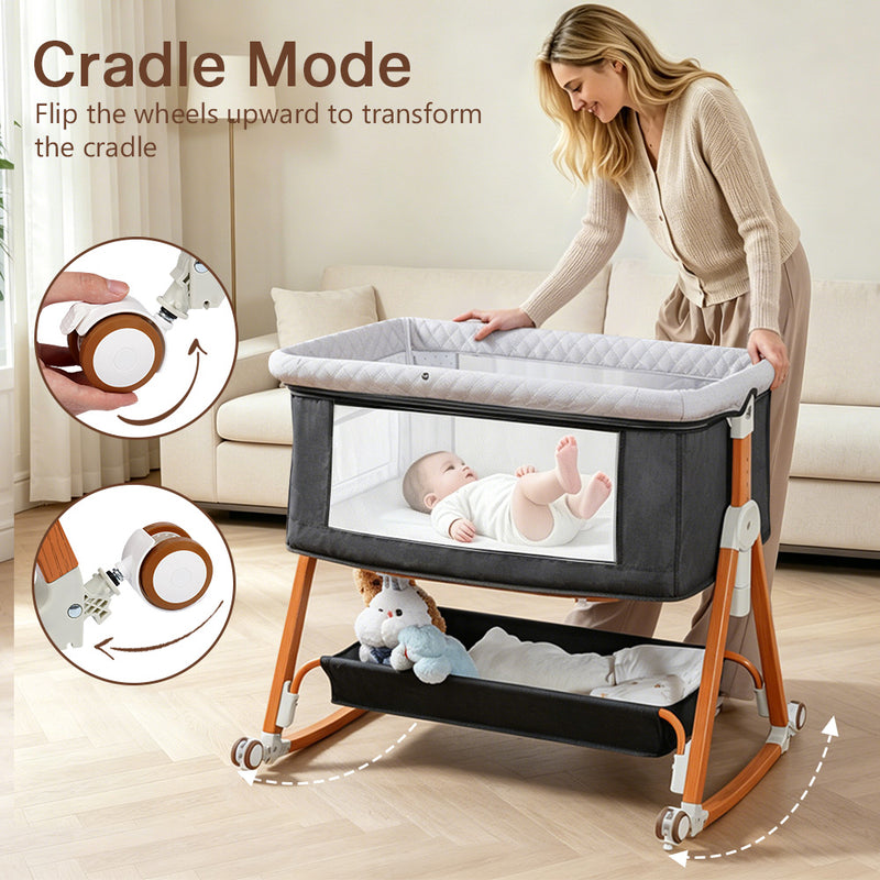 Baby Bassinet, Crib for Infant and Newborn, Bedside Sleeper with Storage Basket and Mosquito Net, Easy to Fold, Height Adjustable, Portable Side Bed Crib