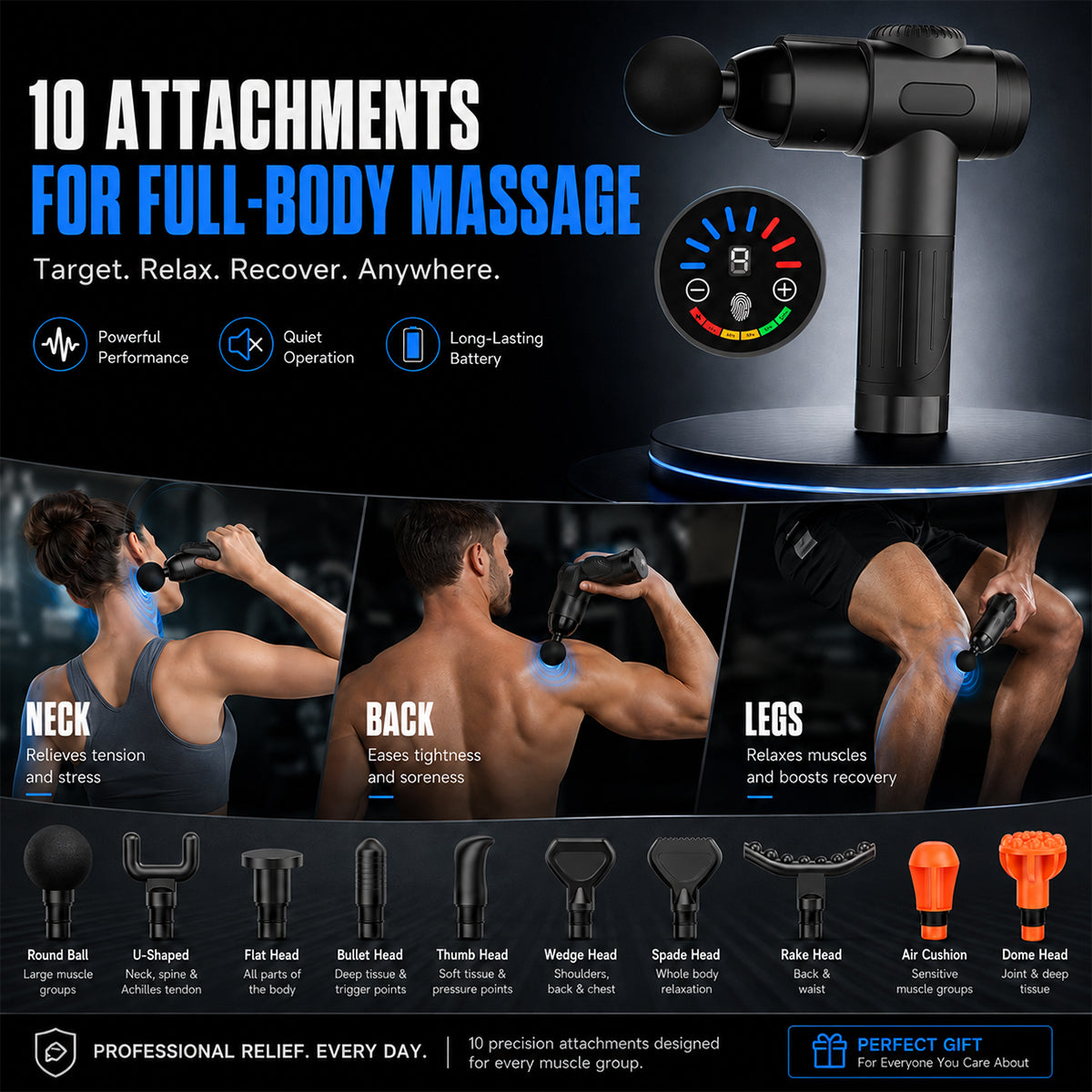 Deep Tissue Massage Gun with 10 Massage Heads, Cordless Percussion Massager for Back, Neck, Shoulders, Legs & Muscle Recovery, Black