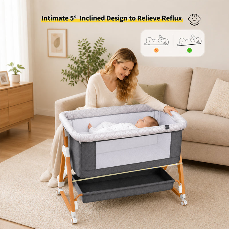 Baby Bassinet, 3 in 1 Bedside Bassinets for Baby, Bassinet Bedside Sleeper with Wheels, Adjustable Height with Rocking Mode, Breathable Mesh, Storage Basket, Easy Assemble & Folding