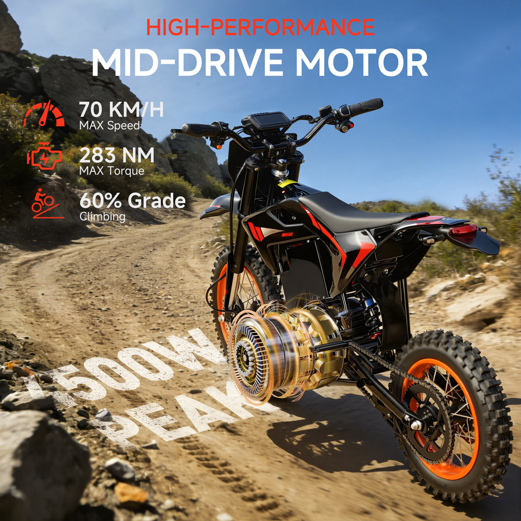 4500W 60V Electric Dirt Bike for Adults with 28.8Ah Battery, Full Suspension and 14"/12" Off-Road Tires