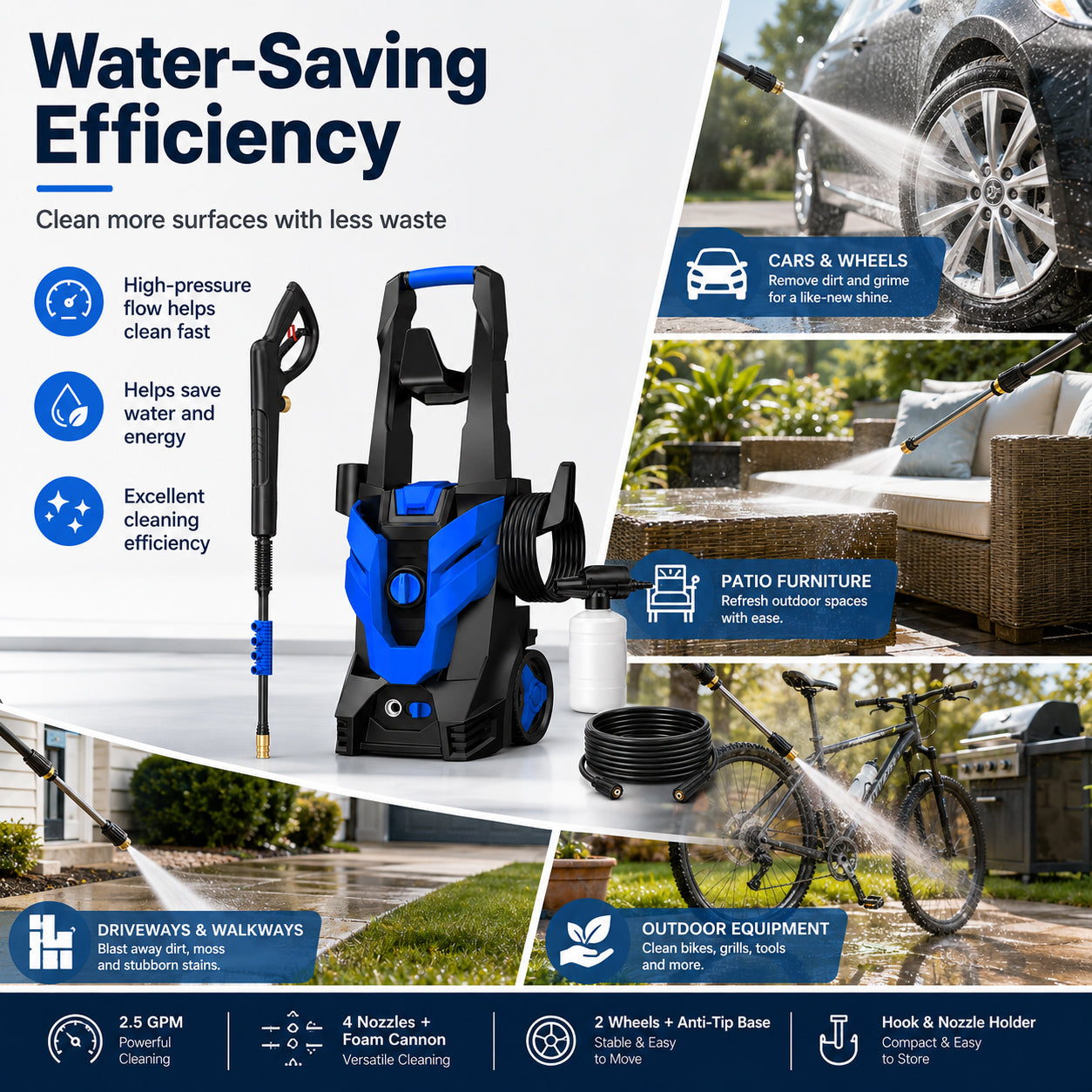 Portable Electric Pressure Washer with 4 Quick-Connect Nozzles, Foam Cannon, Hose & Wheels