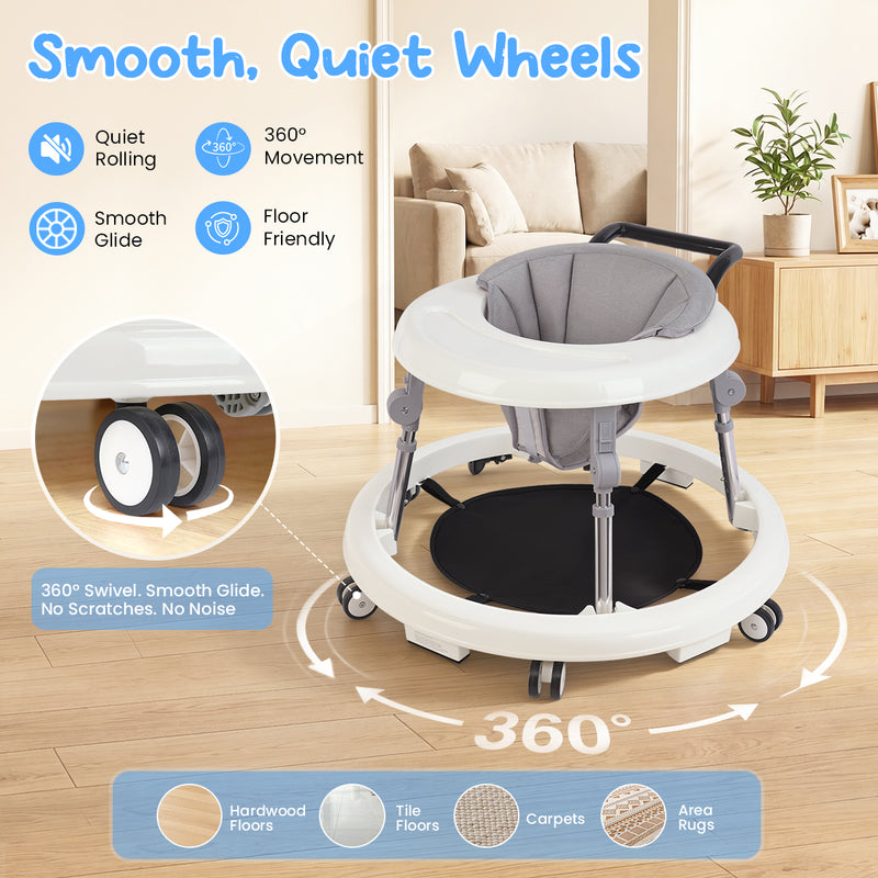 Baby Walker Foldable with 9 Adjustable Heights, Baby Walkers and Activity Center for Girls Boys Babies 7-18 Months, Baby Walker with Wheels Portable Anti-Rollover