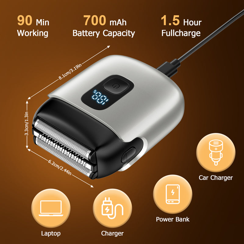 Mini Electric Foil Shaver with LED Display, Wet/Dry IPX7 Waterproof, USB-C Rechargeable - Black