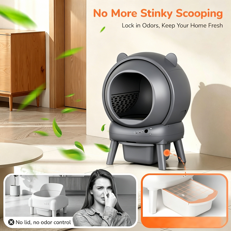 Automatic Litter Box for Multiple Cats, Large Capacity Self Cleaning Litter Box with App Control, Odor & Noise Control, Dual Safety Sensors, Easy Maintenance with 2 Roll Garbage Bags, Gray