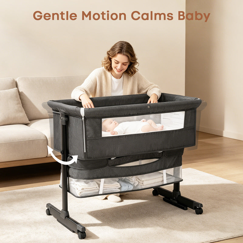 Baby Bassinet Sleeper, 6 Height Adjustable Cribs, Easy to Fold Portable Crib Side Bassinet, Swing Cradle Bed Side Sleeper with Ventilated NetWith Wheels