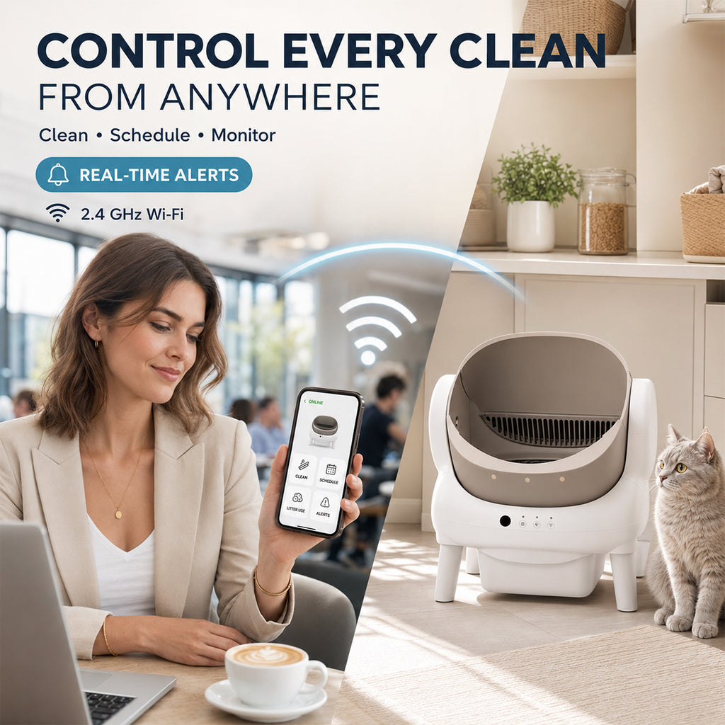 Open Top Self Cleaning Cat Litter Box with App Control, Safety Sensors and Odor Control