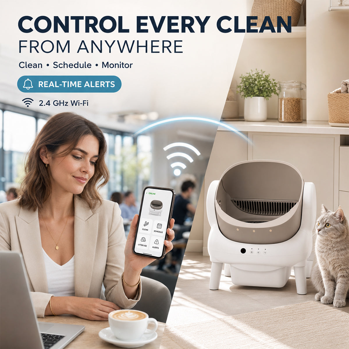 Open Top Self Cleaning Cat Litter Box with App Control, Safety Sensors and Odor Control