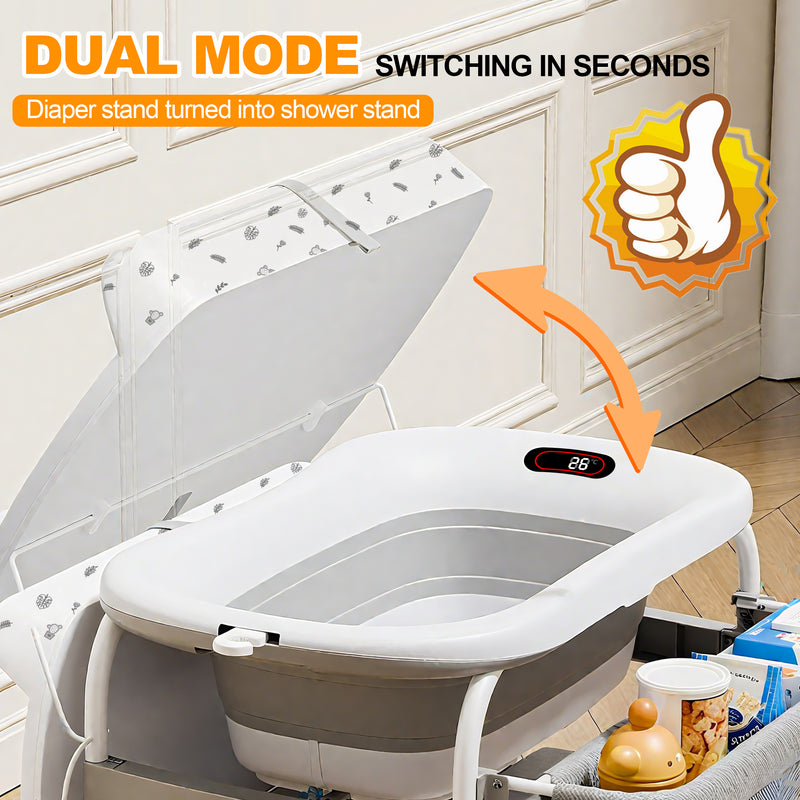2-in-1 Baby Changing Table & Bath Tub Foldable with Storage Wheels Smart Temp Display Safety Belt Multifunctional Newborn Changing Table