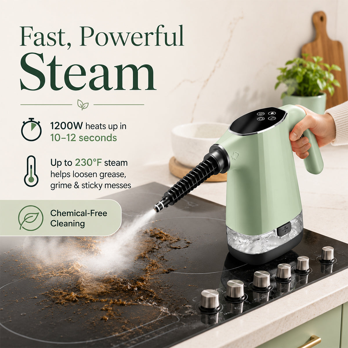 Handheld Steam Cleaner, Portable Steamer for Cleaning with 18PCS Accessories, 12s Fast Heating, Pressurized Steam Cleaner for Home, Kitchen, Bathroom, Car Detailing, Window, and Clothes, Green