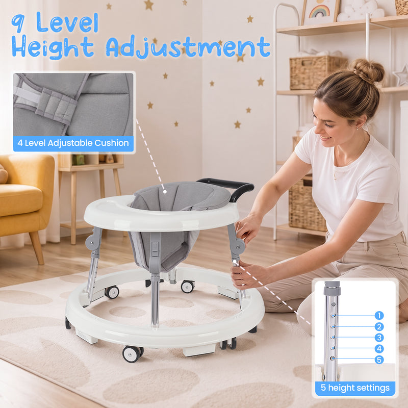 Baby Walker Foldable with 9 Adjustable Heights, Baby Walkers and Activity Center for Girls Boys Babies 7-18 Months, Baby Walker with Wheels Portable Anti-Rollover