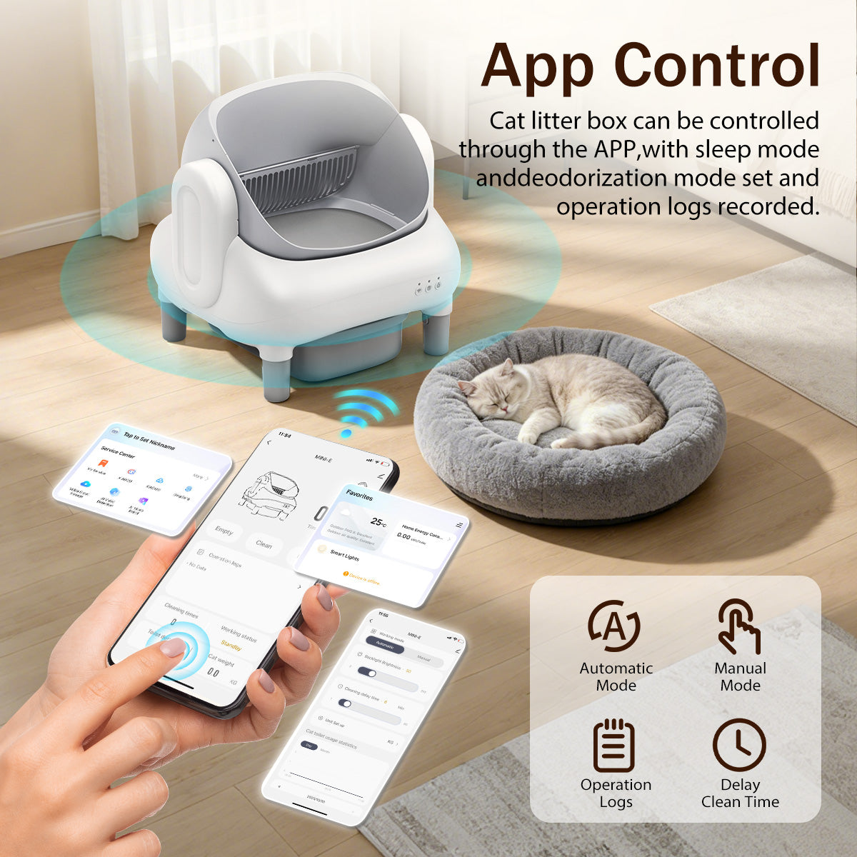 Automatic Litter Box,Open Top Self Cleaning Litter Box with App Control for Multiple Cats, Safety Sensors Protection, Odor Control Includes 2 roll Liners,Large Waste Bin, Cream White