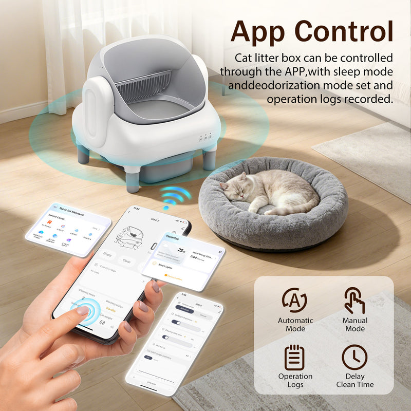 Automatic Litter Box,Open Top Self Cleaning Litter Box with App Control for Multiple Cats, Safety Sensors Protection, Odor Control Includes 2 roll Liners,Large Waste Bin, Cream White